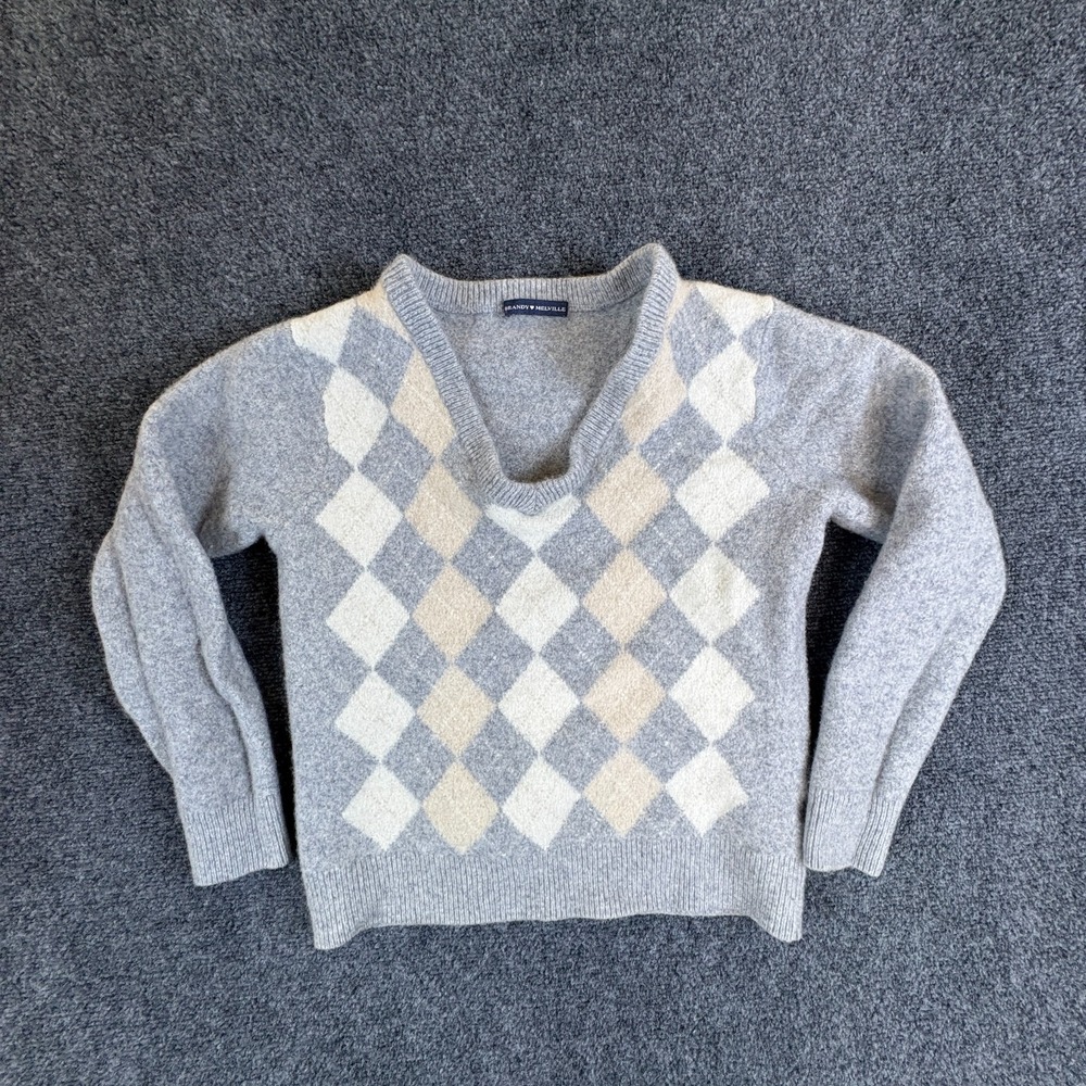 Brandy Melville Sweater Womens S Heather Gray Cream Argyle Wool V Neck READ